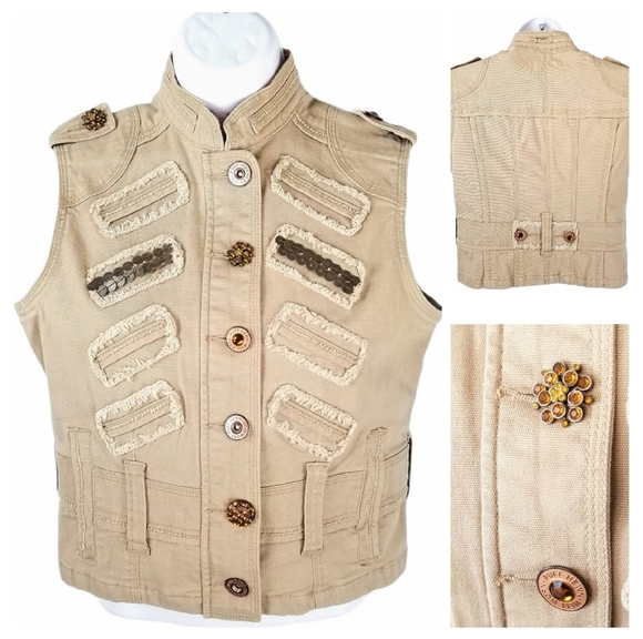 Ruff Hewn Jackets & Blazers - Ruff Hewn Embellished Tan Denim Distressed Button-Up Cropped Sleeveless Vest